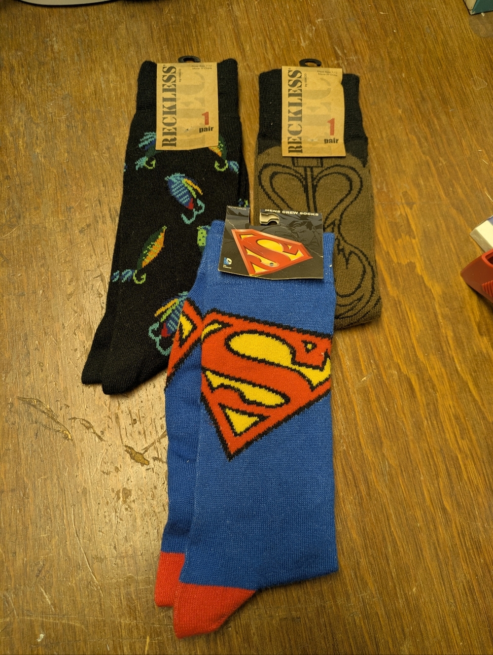 3 Pair Manly Man Men's Dress Socks Fishing, Cowboy, Superman Shoe 7-12 New